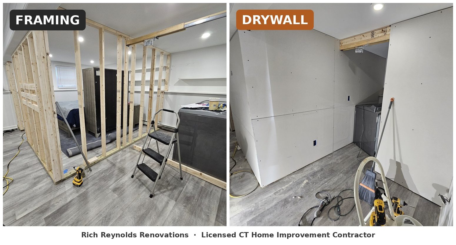 Basement wall build in two stages: new wood stud framing on the left; the same wall hung with drywall on the right