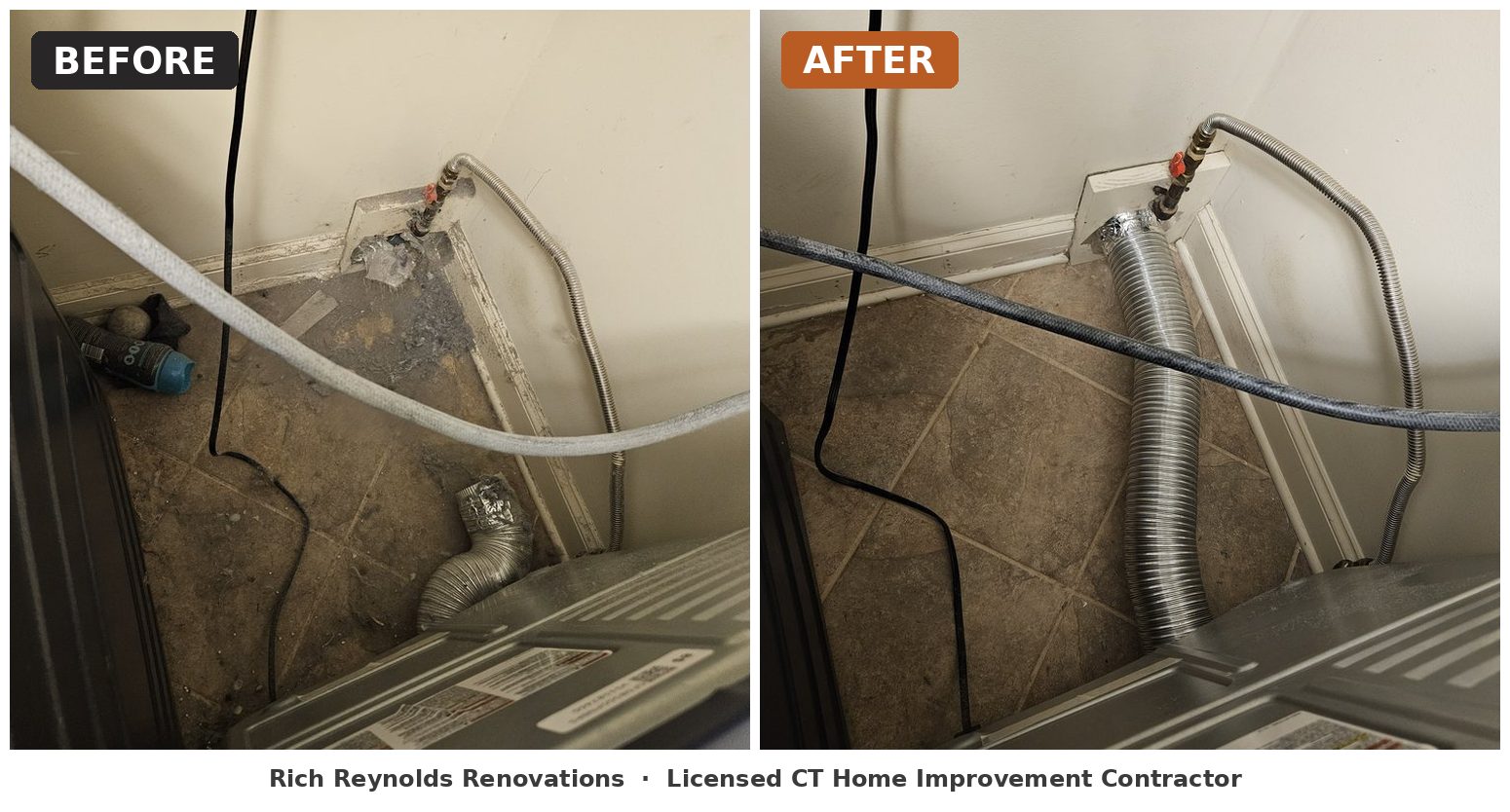 Before and after of a dryer vent connection: crushed foil duct surrounded by lint on the left; new clean aluminum duct properly connected on the right