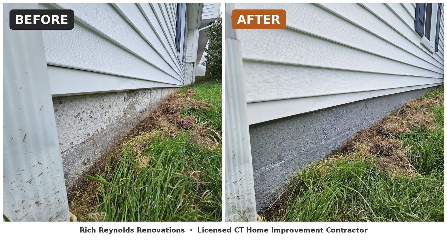 Before and after of a house foundation: weathered, peeling concrete block on the left; freshly painted gray foundation on the right