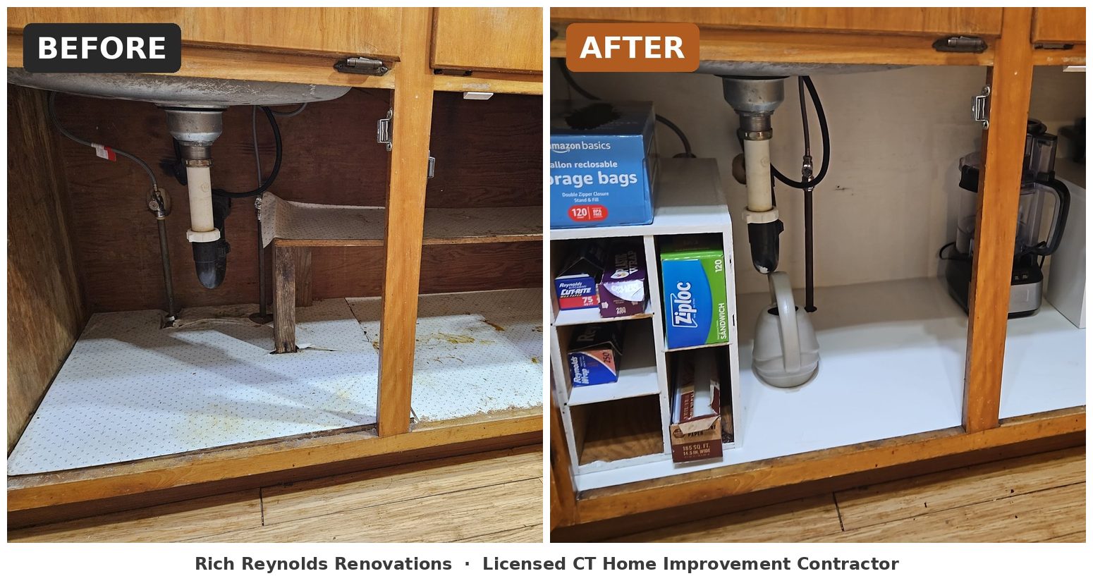 Before and after of a kitchen sink cabinet: water-stained, cluttered base on the left; clean white lining with custom storage organizers on the right