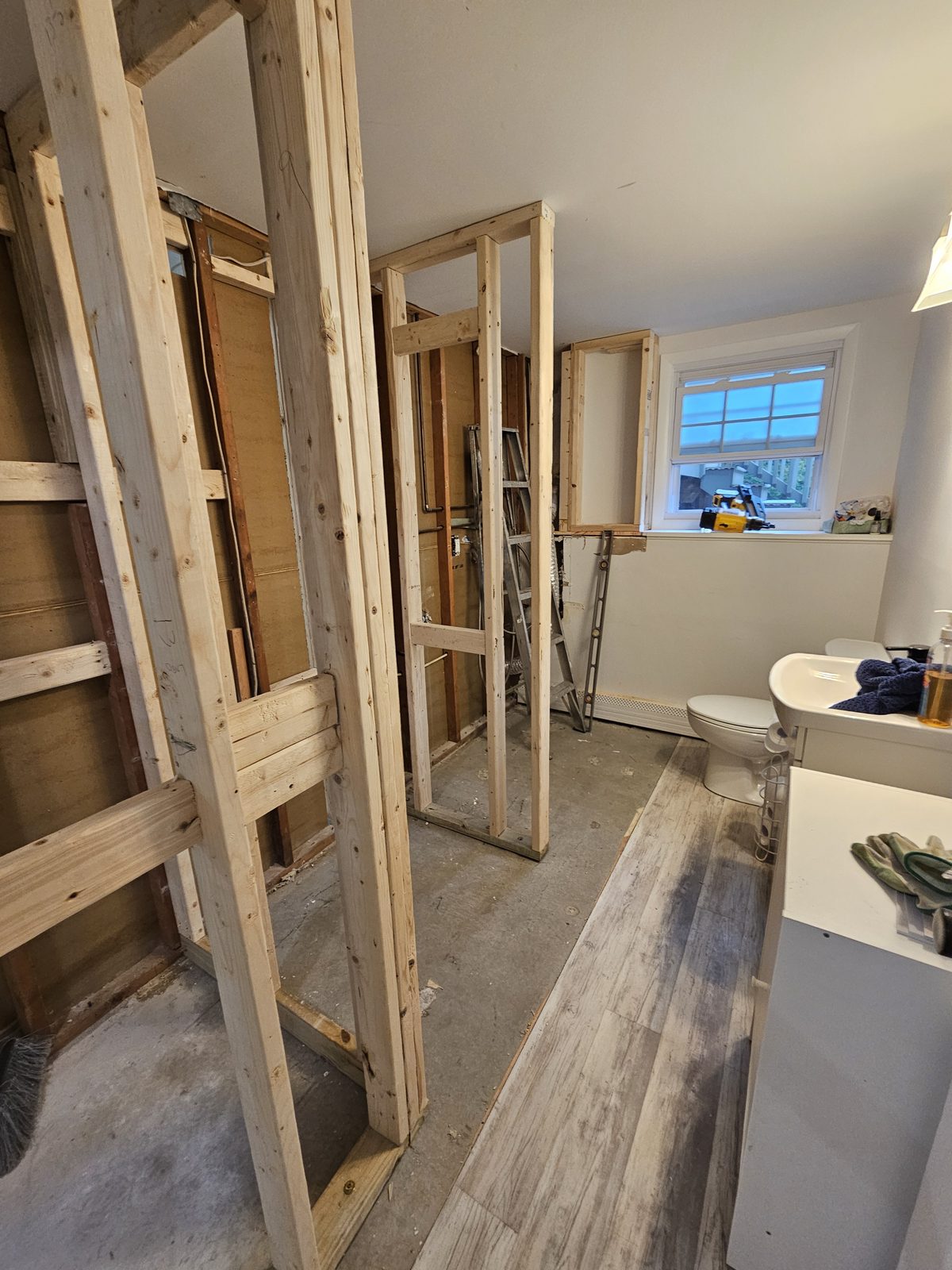 Bathroom renovation, new wall framing in progress